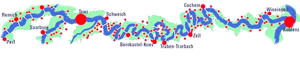 Karte der Mosel von Perl über Trier, Bernkastel-Kues, Traben-Trarbach, Zell und Cochem bis Koblenz